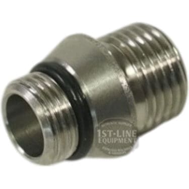 The V316K Stainless Steel Nipple for Water Steam Pipe with O-ring is a metallic threaded adapter that connects different sized fittings—perfect for plumbing, steam pipes, or espresso machine installations. © 2025 1st-line.com