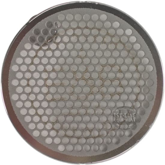 The V317K Puck Screen Diffuser by E&B Lab is a round metal mesh shower screen with small holes that evenly distributes water over coffee grounds. 1st-Line Equipment appears on the lower right. © 2025 1st-line.com