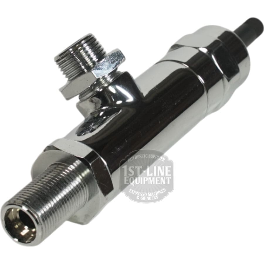 The V321K JOYSTICK STEAM/WATER LEVER TAP is a reflective, cylindrical metal espresso machine part with threaded connectors at both ends and a side outlet for steam or water, shown against a white background. © 2025 1st-line.com