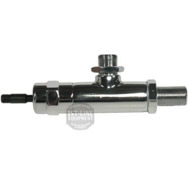 The V321K JOYSTICK STEAM/WATER LEVER TAP is a shiny metal cylinder with threaded connectors on both ends and a central top port, resembling components in steam lever tap assemblies, displayed against a white background. © 2025 1st-line.com