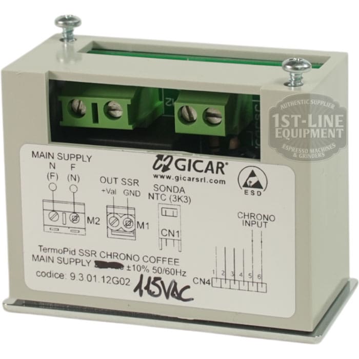 Torre TERM11001 Thermostat PID 110-120V control module for coffee machines, with terminal view, wiring diagram, and supply details; front panel marked 15VAC. Supports thermostat or PID on 110-120V systems. © 2025 1st-line.com