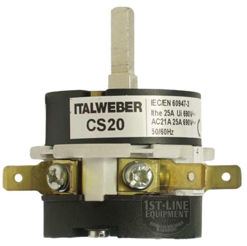 A close-up of a La Cimbali 2 POSITION 16A GROUP SWITCH shows its metal shaft, side electrical terminals, and labeled specifications. © 2025 1st-line.com