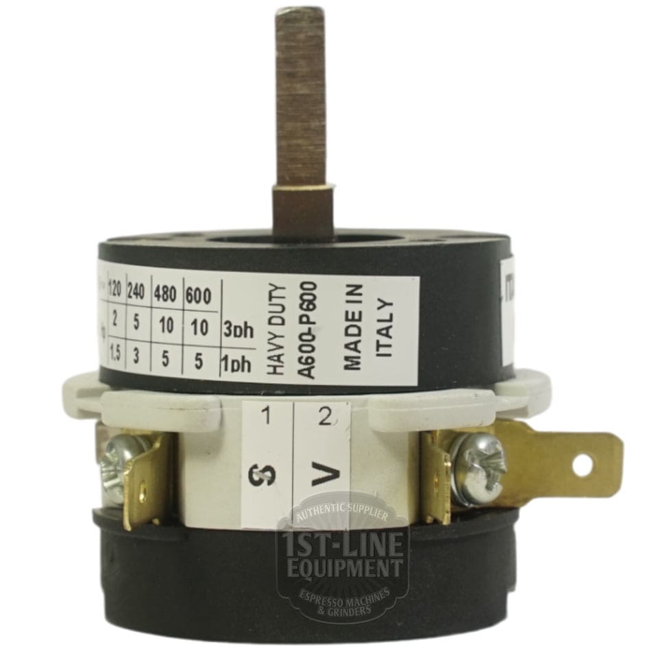 A close-up of the La Cimbali 2 POSITION 16A GROUP SWITCH with a vertical shaft, labeled voltage and 16A settings, metal contacts, and MADE IN ITALY text on its side. © 2025 1st-line.com