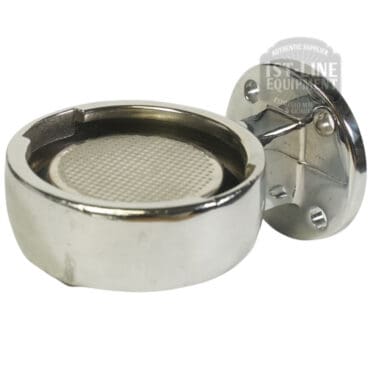 A shiny, metal wall-mounted knock box with a textured base and three screw holes, designed for disposing of used espresso grounds from the Olympia Maximatic Group Head Complete - 54MM (OEM - no screw in center, slightly imperfect). © 2025 1st-line.com