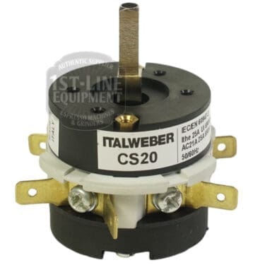 Close-up of a La Cimbali 2 POSITION 16A GROUP SWITCH with central shaft and labeled terminals for espresso machine and grinder control; label shows technical specs and branding. © 2025 1st-line.com