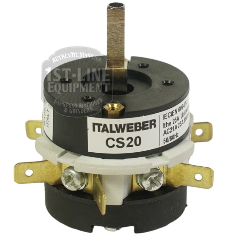 Close-up of a La Cimbali 2 POSITION 16A GROUP SWITCH with central shaft and labeled terminals for espresso machine and grinder control; label shows technical specs and branding. © 2025 1st-line.com