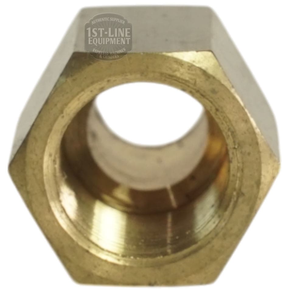 Close-up of the V..319A 3/8F-3/8M Extended Fitting, a brass hexagonal fitting with interior threading and slight metallic sheen, photographed head-on with the partially visible 1st-Line Equipment logo at the top. © 2025 1st-line.com
