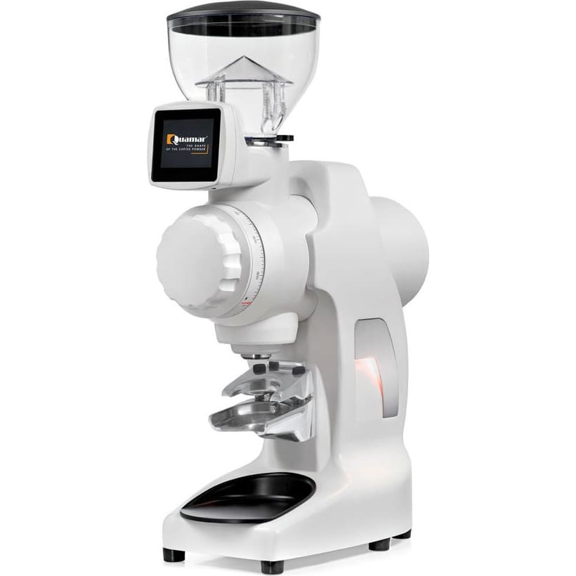 The Quamar Sirio-Q Espresso Coffee Grinder features a clear bean hopper, digital display, large grind size dial, portafilter holder, and boasts a sleek, compact design. © 2025 1st-line.com