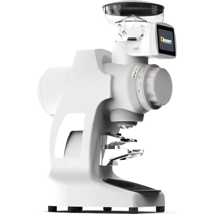 The Quamar Sirio-Q Espresso Coffee Grinder features a sleek white design, digital display on the top right, clear bean hopper, and a portafilter holder below its grinding mechanism for a modern, futuristic look. © 2025 1st-line.com