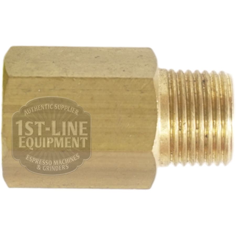 The V..319A 3/8F-3/8M Extended Fitting, a brass hexagonal fitting with threaded male and female ends and a solid hex body, is shown from the side; it’s suitable for plumbing or espresso machines. © 2025 1st-line.com