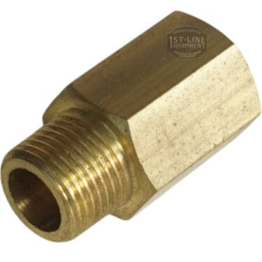The V..319A 3/8F-3/8M Extended Fitting is a brass hex adapter with female and male threaded ends, ideal for plumbing or mechanical connections. © 2025 1st-line.com