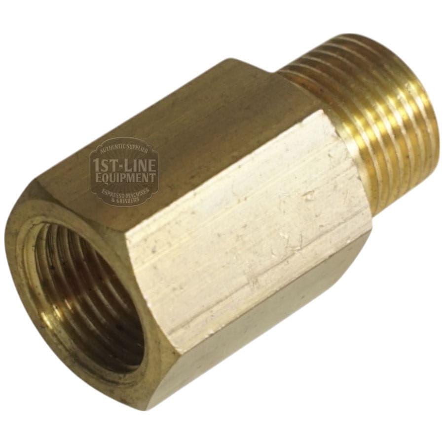 The V..319A 3/8F-3/8M Extended Fitting is a brass hex nipple with 3/8 female threads on one end and 3/8 male threads on the other, ideal for plumbing or equipment connections. © 2025 1st-line.com