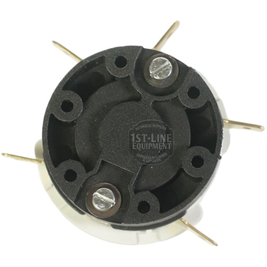 Top view of a La Cimbali 2 POSITION 16A GROUP SWITCH: round, black socket with two visible screws and three brass prongs, ideal for group switch connections. Set against a white background. © 2025 1st-line.com