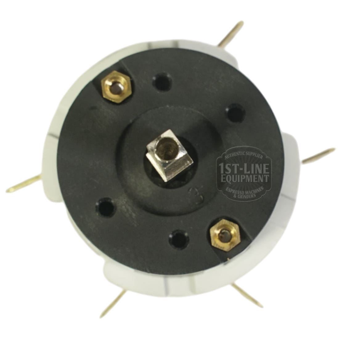 Top view of the La Cimbali 2 POSITION 16A GROUP SWITCH for espresso machines, black and white, round with three brass screws, a central square shaft, four metal pins, and 1st-Line Equipment watermark visible. © 2025 1st-line.com