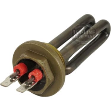 A close-up of the Torre RESI0005 1100W 110V Coffee Boiler Heating Element with two prongs, red covers, and a circular brass base—ideal for espresso machines or water heaters. © 2025 1st-line.com