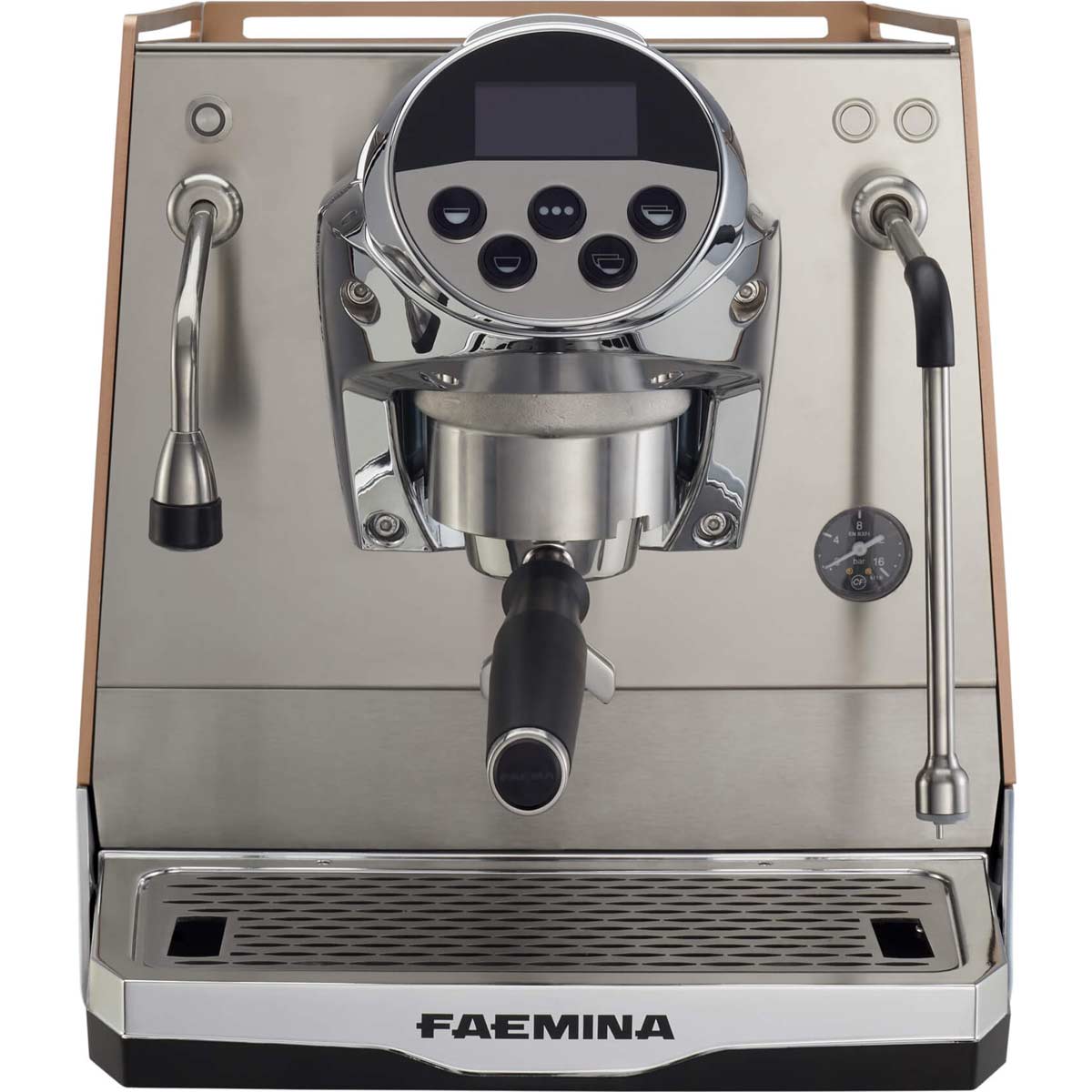 A Faema Faemina Dual Boiler Espresso Machine with AUTOSTEAM, featuring a stainless steel body, digital control panel, steam wand, pressure gauge, and drip tray, shown from the front. © 2025 1st-line.com