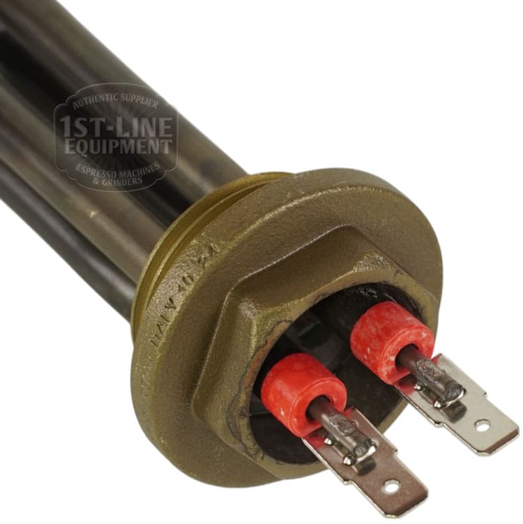 Close-up of the Torre RESI0005 1100W 110V Coffee Boiler Heating Element, featuring two red terminals and metal connectors, designed for espresso machines or similar devices, on a white background. © 2025 1st-line.com