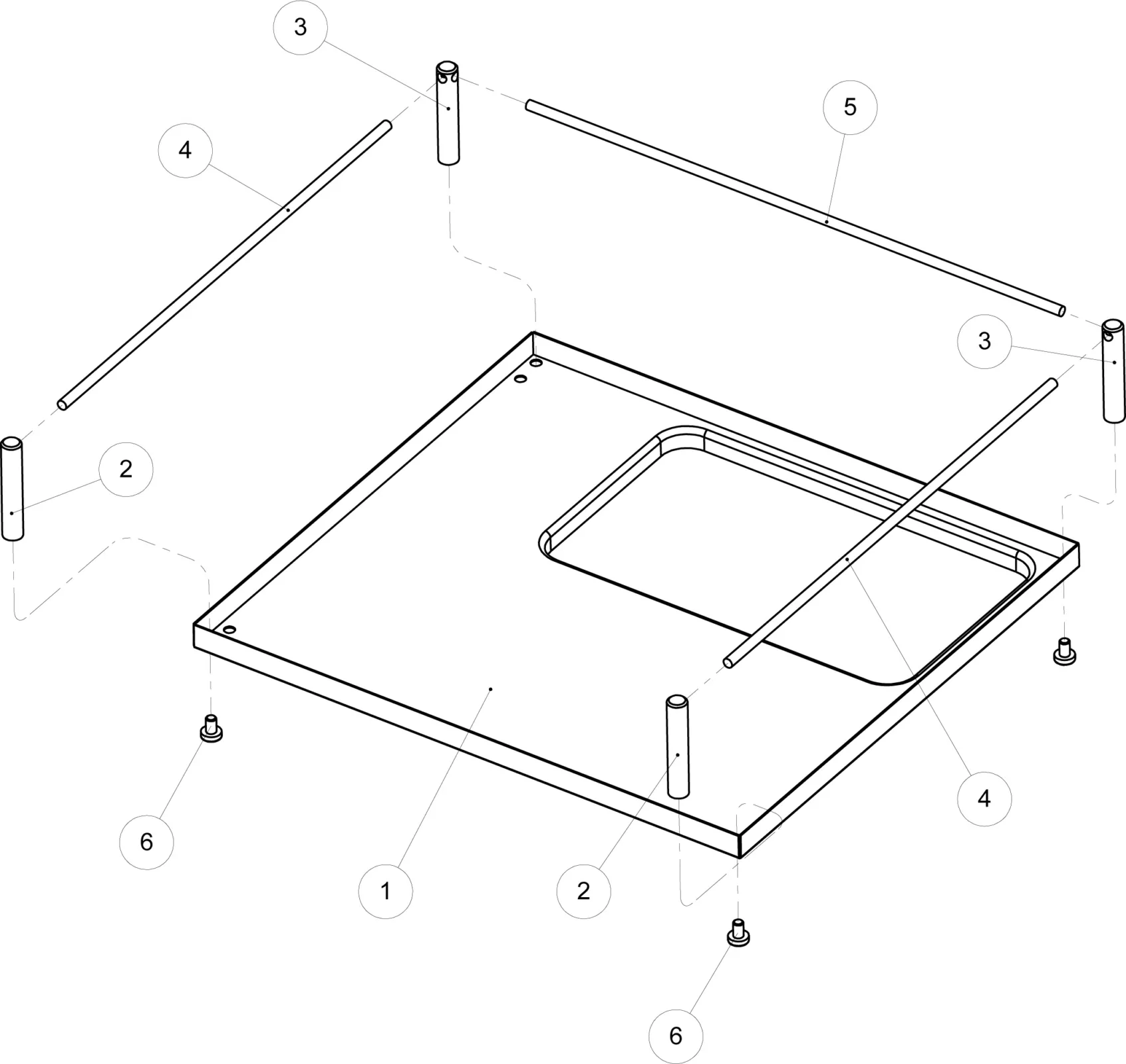 Exploded Parts Diagram showing assembly for Elektra Verve: a rectangular base with cutout (1), four vertical corner posts (2, 3), two long rods (4), one shorter crossbar (5), and four screws (6), all labeled with numbered circles. © 2025 1st-line.com