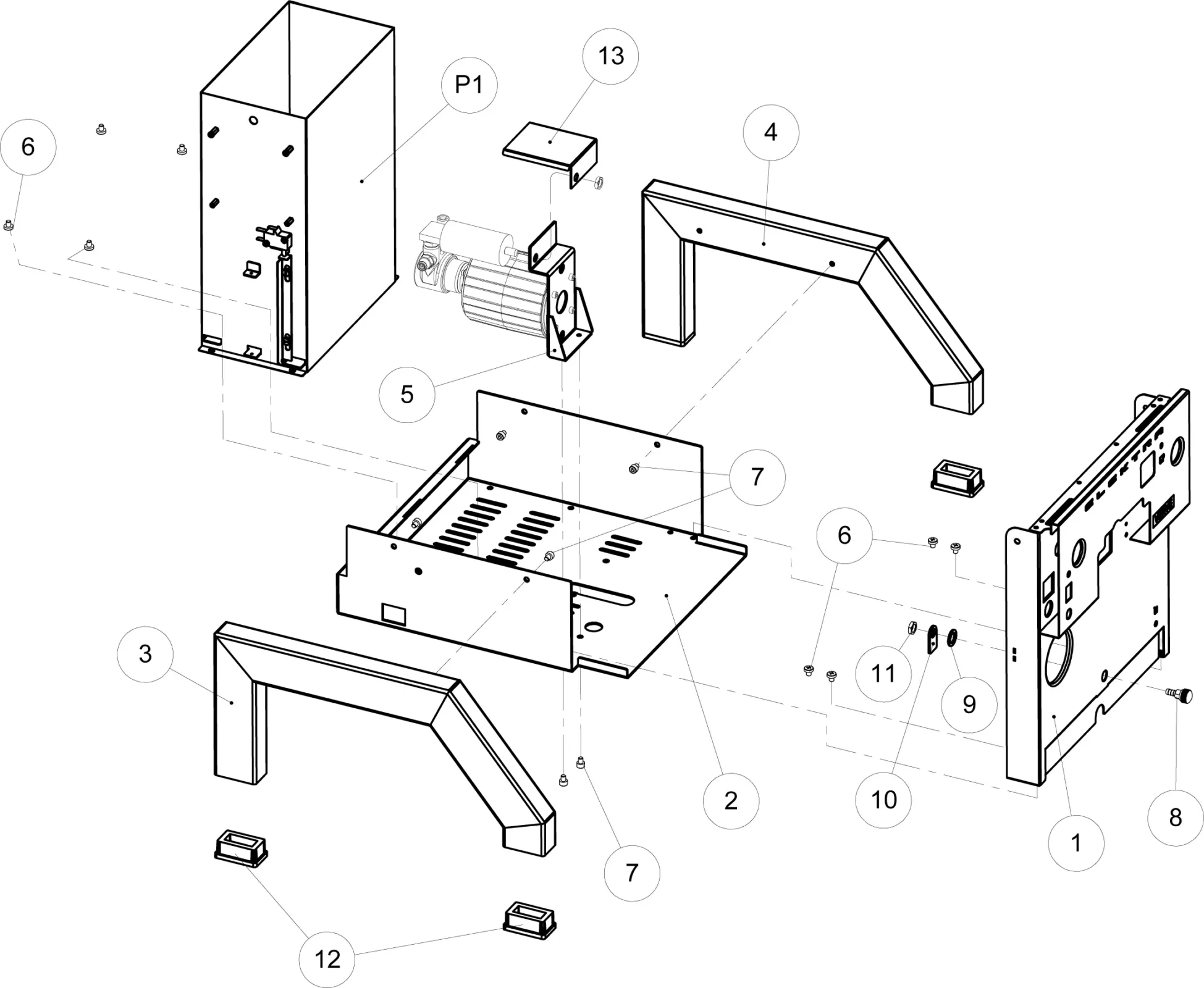 Exploded view parts diagram of a machine—such as the Elektra Verve—showing labeled components like metal panels, brackets, motor, screws, and connectors with numbered callouts for easy assembly reference. © 2025 1st-line.com