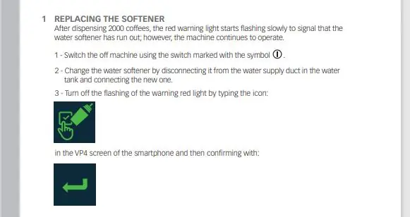 Instructional guide for replacing an Elektra Verve coffee machine softener, showing icons for switching off the machine, recognizing green and red alternating lights, disconnecting the water softener, and confirming via a smartphone screen.