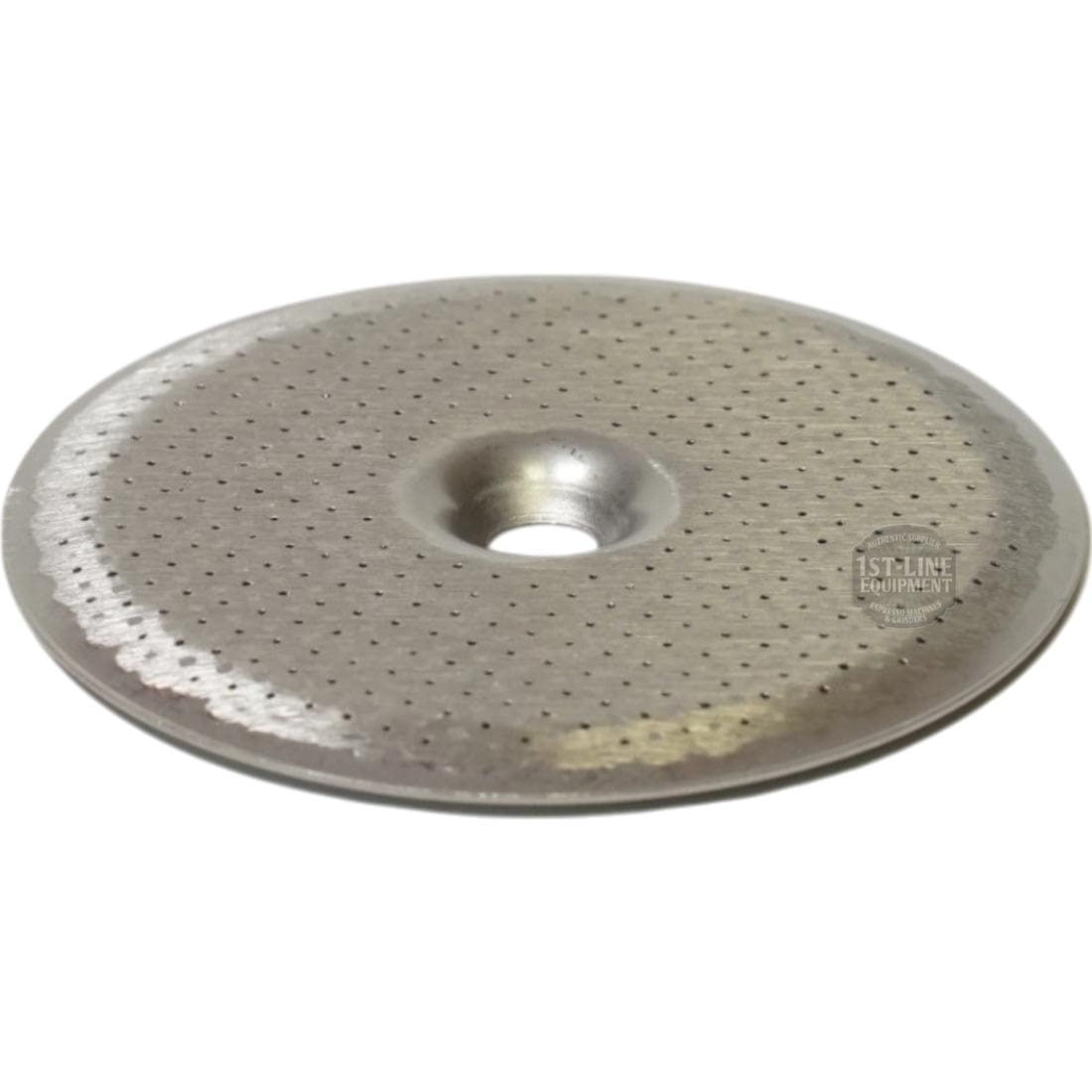 The 1st-Line V325K Grouphead Dispersion Screen 51.5 mm is a round, flat metal disc with a slightly raised center and multiple small holes, designed for a perfect fit with the V325K Grouphead. © 2025 1st-line.com