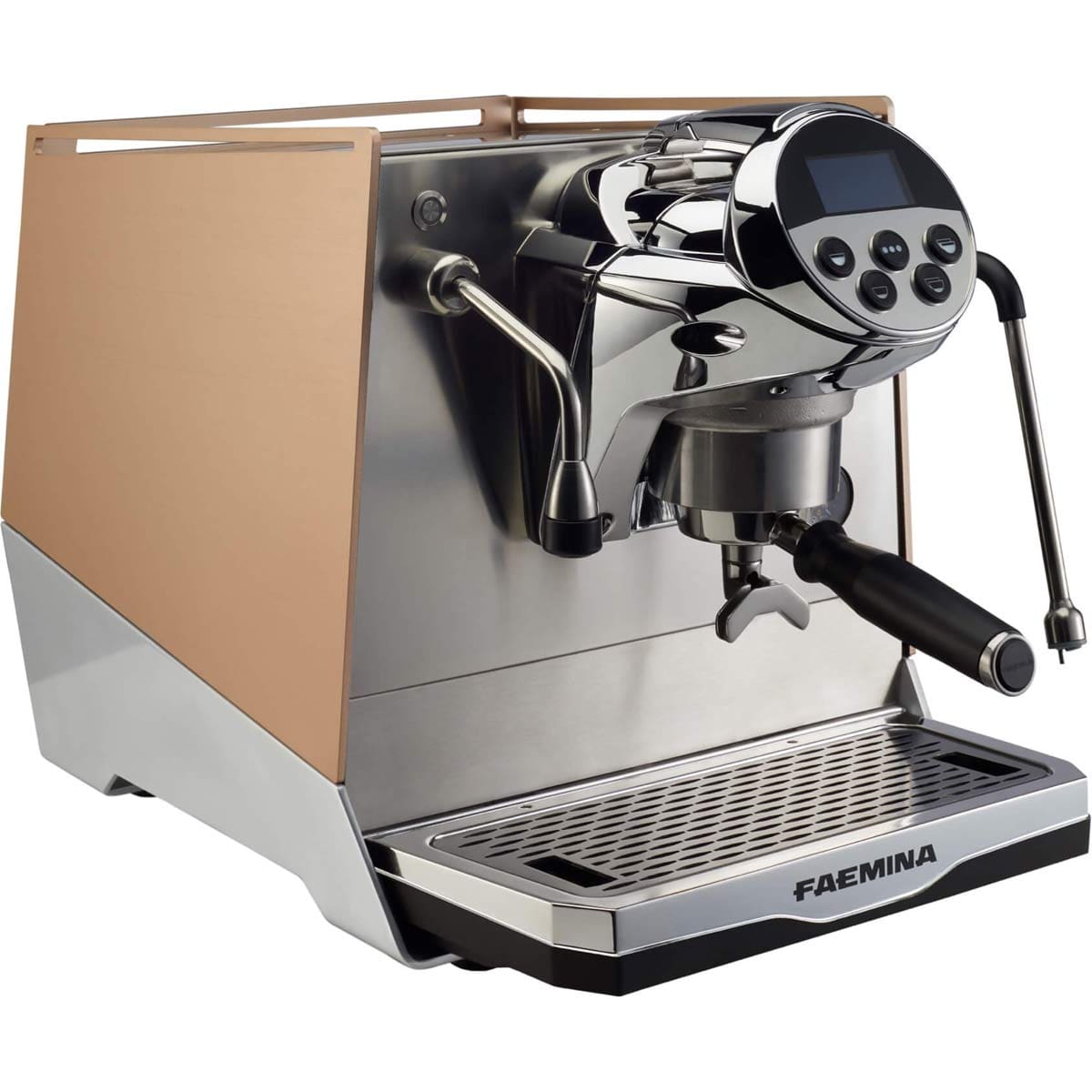 The Faema Faemina Dual Boiler Espresso Machine with AUTOSTEAM features a brushed metal and gold finish, digital display, buttons, steam wand with AUTOSTEAM, portafilter, and sits on a drip tray. © 2025 1st-line.com