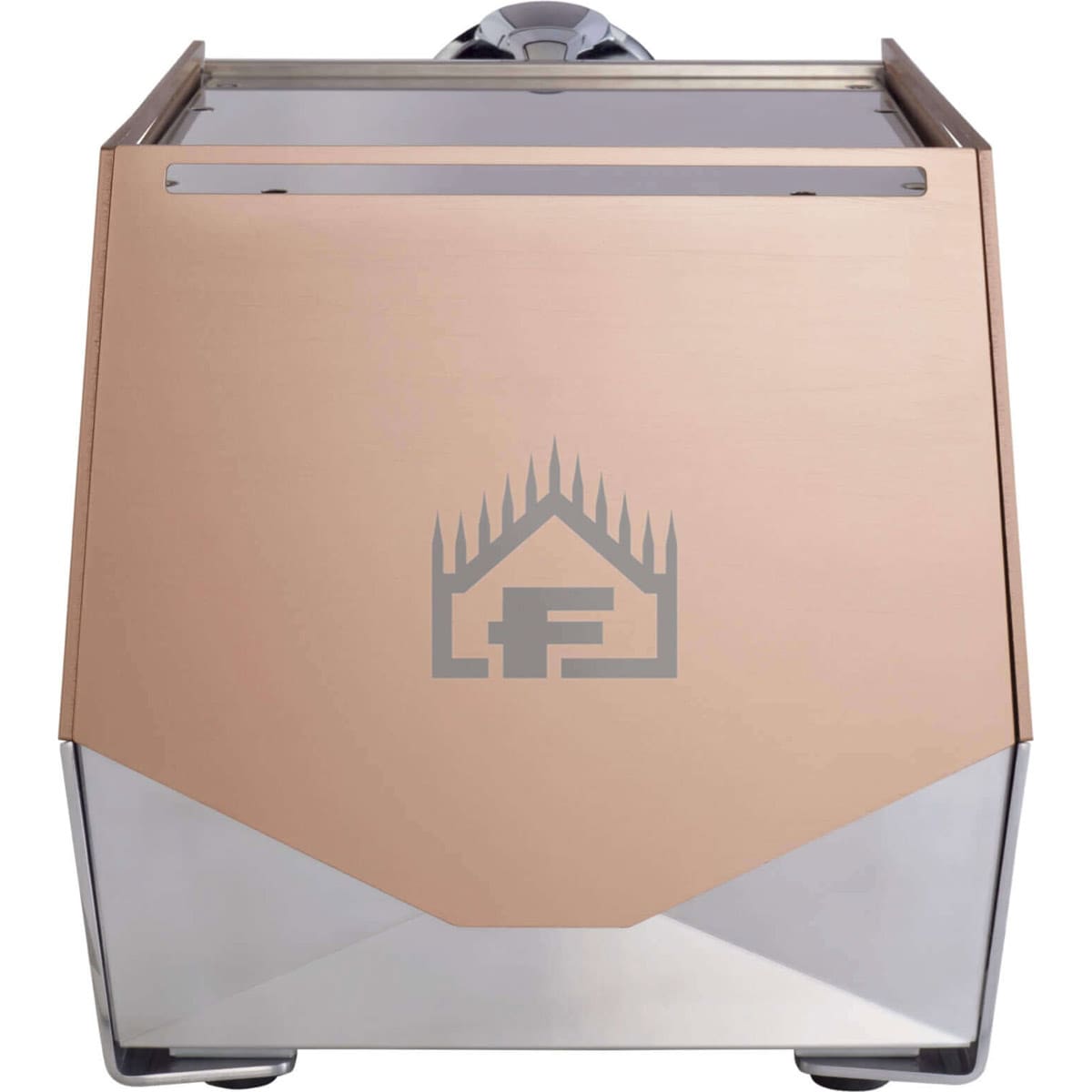 The Faema Faemina Dual Boiler Espresso Machine with AUTOSTEAM features a metallic, boxy design with a brushed copper front accented by the flame-above-F logo, and silver sides and bottom that reflect its sleek, angular style. © 2025 1st-line.com