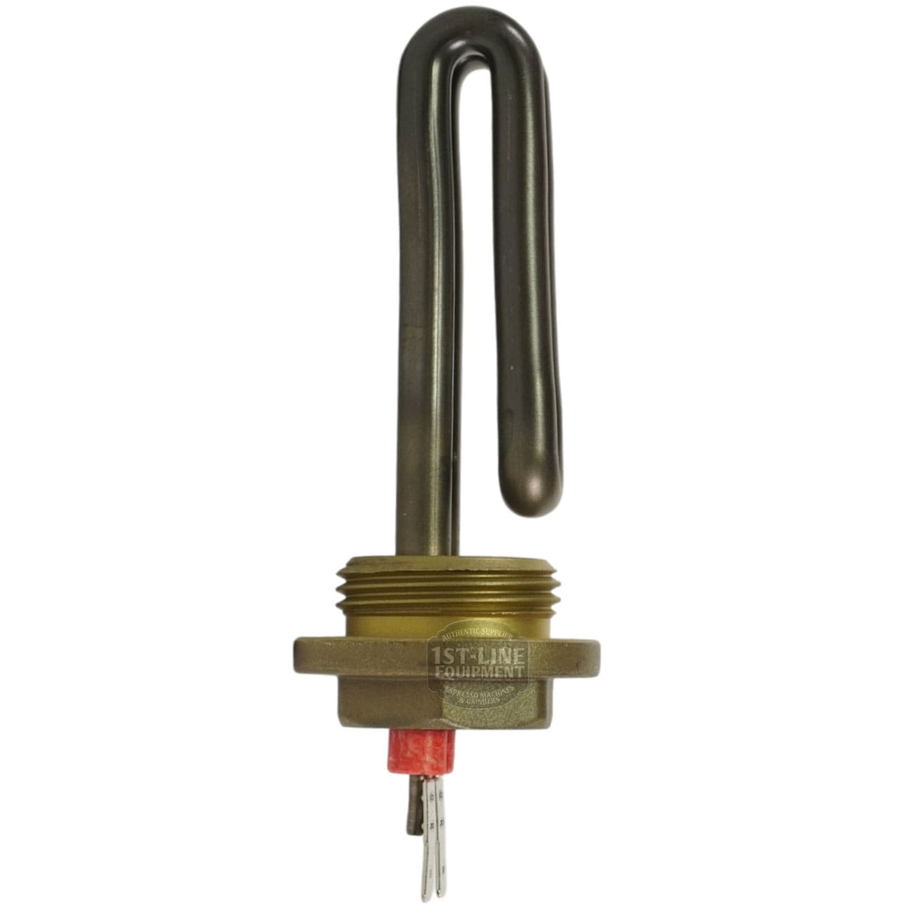 The Torre RESI0005 1100W 110V Coffee Boiler Heating Element features a metal looped heating element with a brass threaded base and red insulator, designed for efficient water heating in coffee boilers. © 2025 1st-line.com
