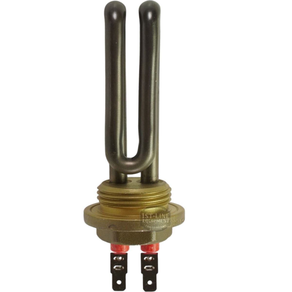 The Torre RESI0005 1100W 110V Coffee Boiler Heating Element features a U-shaped metal tube, brass threaded base, and two bottom electrical connectors—ideal for water heaters and coffee machines. © 2025 1st-line.com