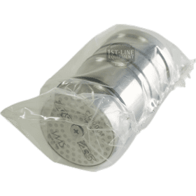 A set of metal espresso portafilter baskets with perforated holes, stacked and sealed in a clear plastic bag—compatible with the ACS Safety System for enhanced safety. © 2025 1st-line.com