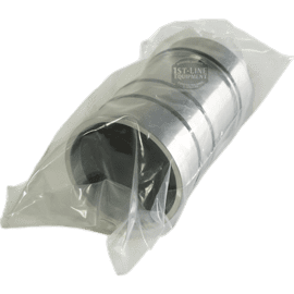 A silver cylindrical metal part for the ACS Safety System is sealed in a clear plastic bag and displayed against a plain black background. © 2025 1st-line.com