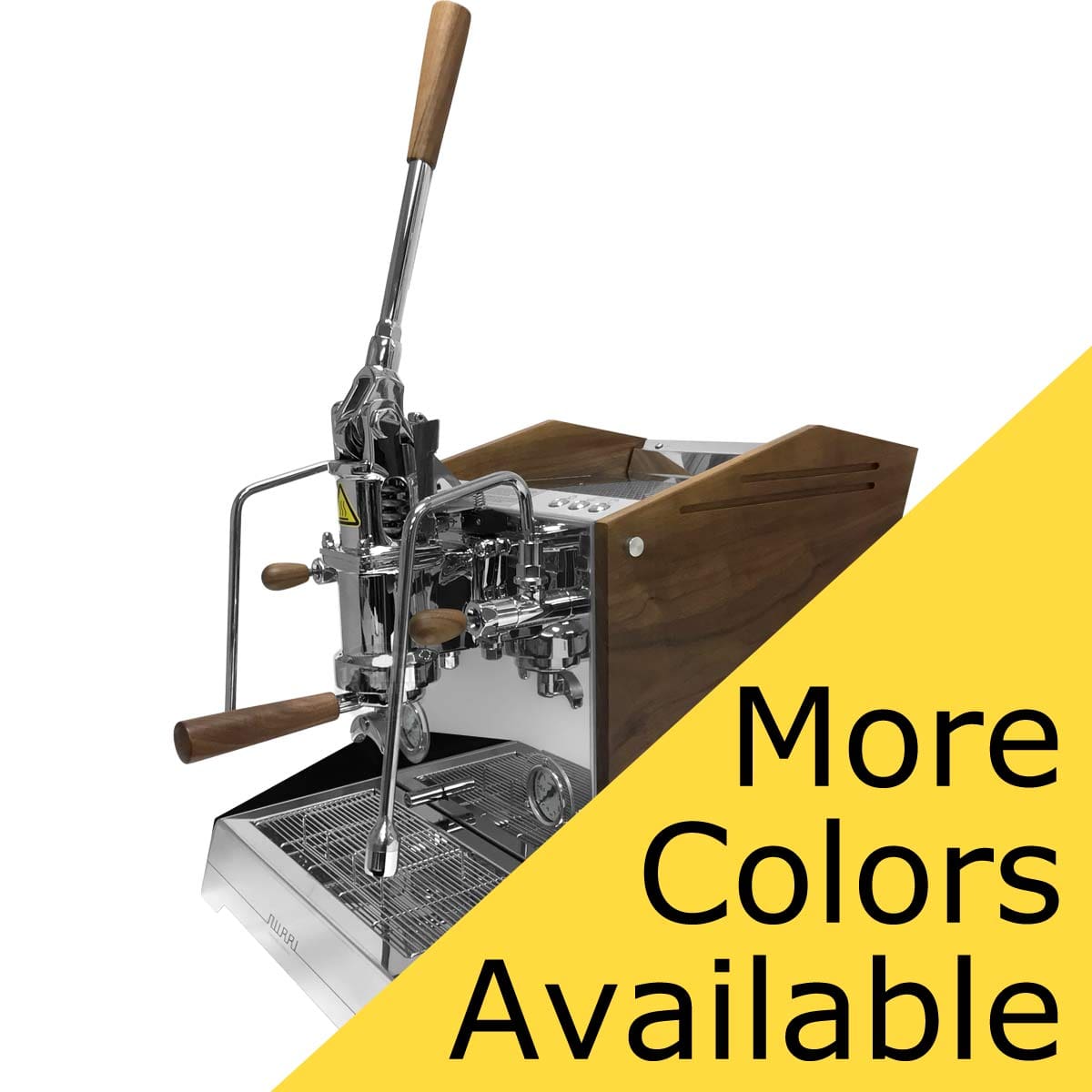 The Nurri L-Type Lever Leva Dual Boiler Espresso Machine, featuring a chrome and wood finish, is shown with a yellow triangle in the corner that reads “More Colors Available” in bold black text. © 2025 1st-line.com