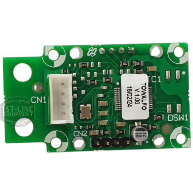 The Torre DISP0004 display for Alfredo and Luigino TSP Gicar 8.8.75.13G features a green circuit board with components, white connector, labels such as CN1, CN2, DSW1, and a sticker marked TOVAALFO V1.00 160224. © 2025 1st-line.com