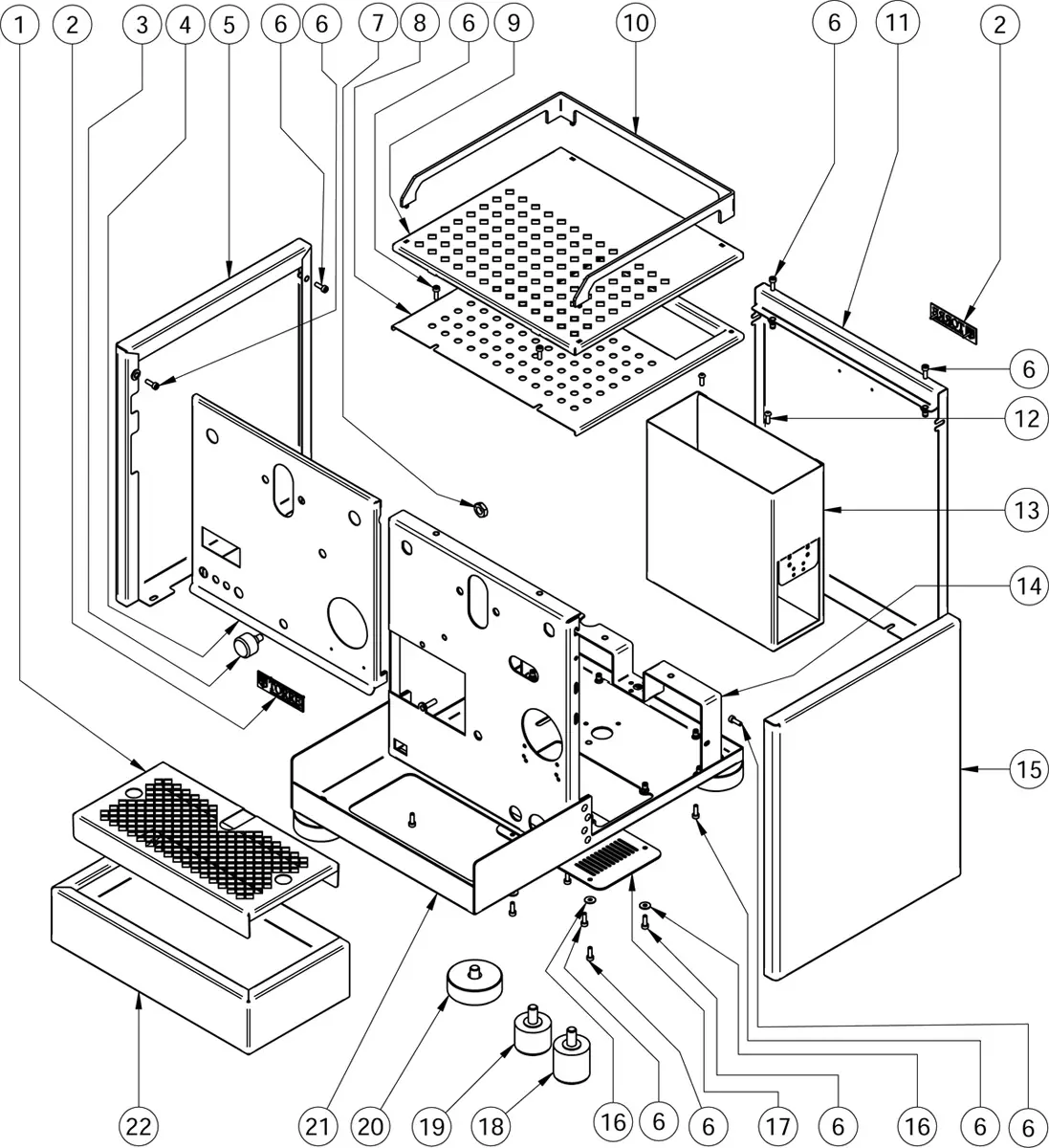 Exploded parts diagram of the Torre Mariuccia electronic device casing, featuring numbered panels, frames, screws, a fan, and a vented component, all shown without visible labels to illustrate assembly and fit. 2025 1st-line.com