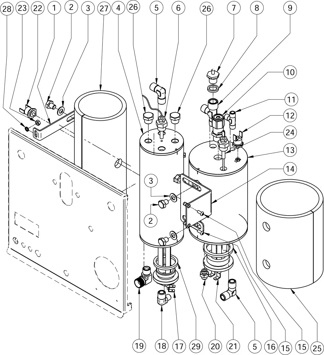 Exploded Parts Diagram of a mechanical device with numbered components, including tanks, pipes, valves, connectors, a control panel, and various fittings arranged in a labeled, technical illustration inspired by Torre Mariuccia. 2025 1st-line.com