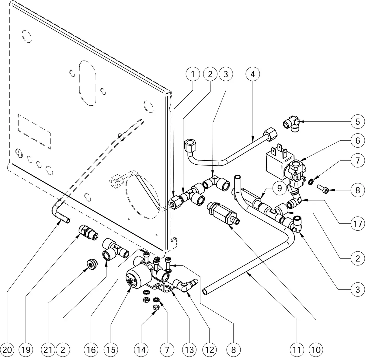 Exploded Parts Diagram of a mechanical assembly with multiple numbered components, pipes, fittings, and a panel. Each part is separated for clarity and labeled with reference numbers—ideal for referencing Torre Mariuccia equipment. 2025 1st-line.com