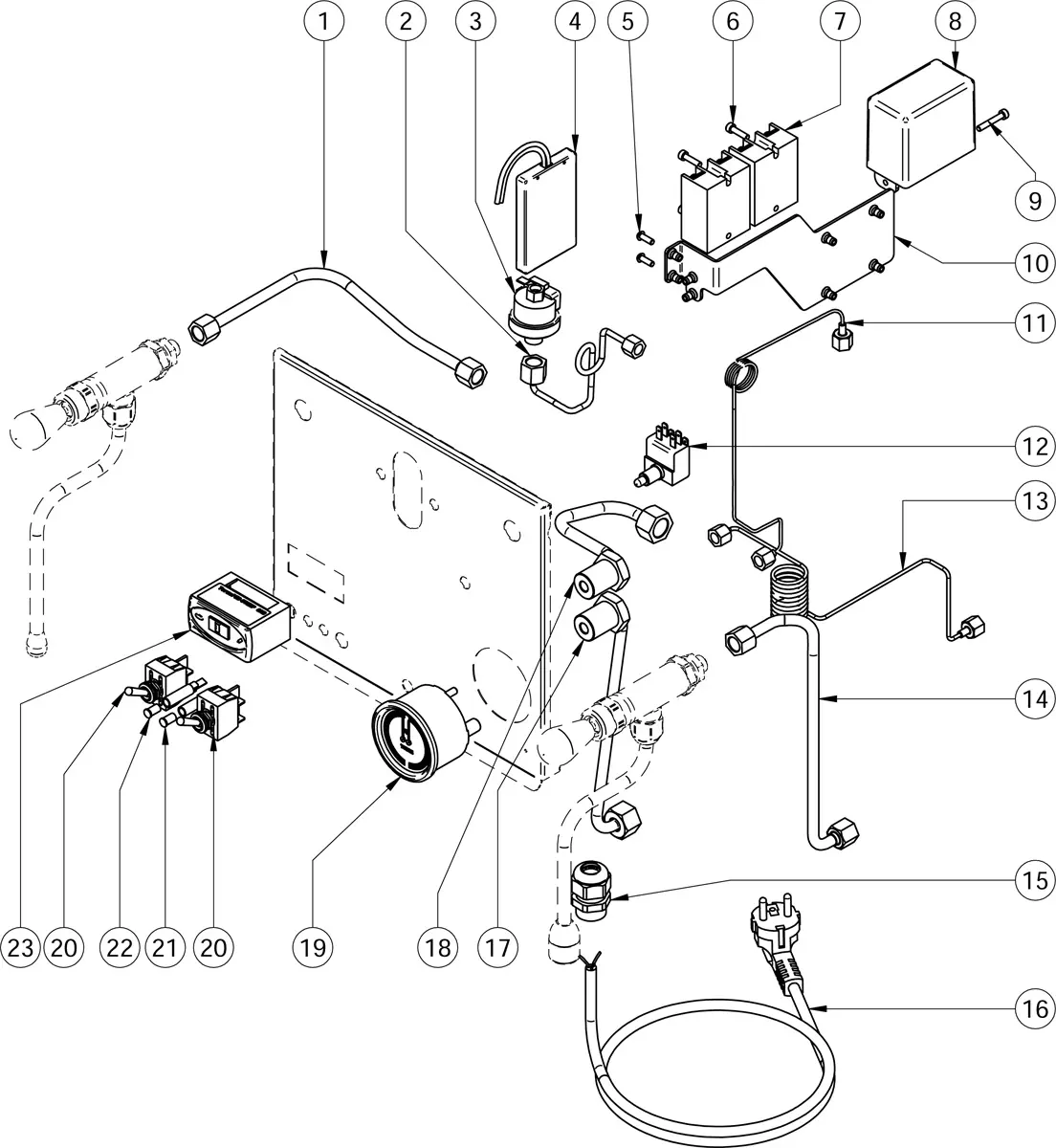 Exploded Parts Diagram of an electrical device showing labeled components, including wires, switches, a circuit board, connectors, power cord, valves, and mounting plate—each part numbered for easy identification. Inspired by Torre Mariuccia. 2025 1st-line.com