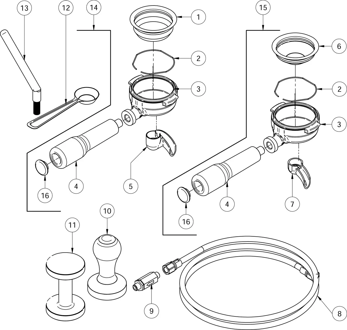 Black and white line drawing Parts Diagram of espresso machine portafilter assembly parts, including handles, baskets, rings, gaskets, filter, tamper, brush, spoon, hose, and small valve from Torre Mariuccia—each with numbered labels. 2025 1st-line.com