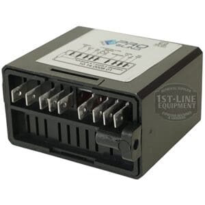 A black electronic relay box with multiple metal prongs, labeled diagram and product info on top, and a front fuse holder. Designed for the Torre LIV11502 Control Board for Mariuccia by Pro.El.Ind. © 2025 1st-line.com