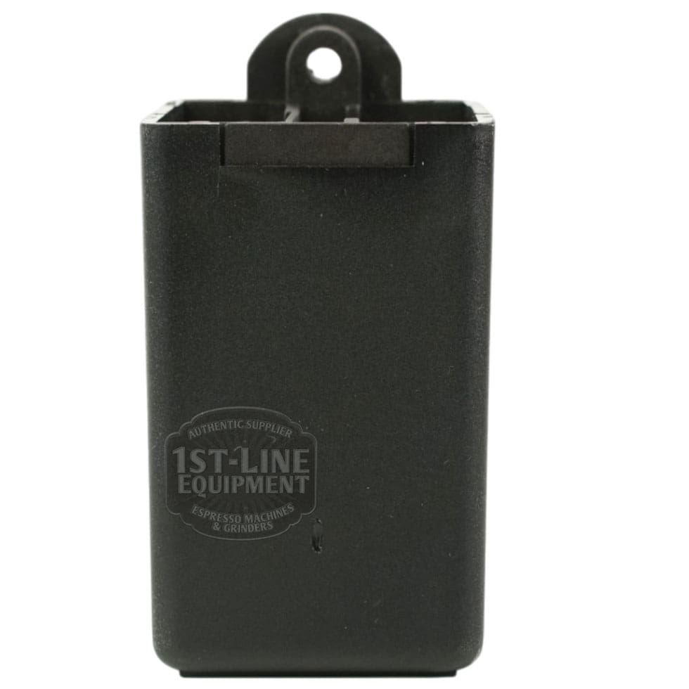 A black plastic container with a hook and the 1st-Line Equipment logo, rectangular in shape, designed for use with espresso machines, grinders, or accessories like the Torre LIV23004 Control Board Alfredo & Luigino Gicar 9.1.42.89G. © 2025 1st-line.com