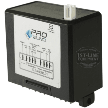 A black Torre LIV11502 Control Board for Mariuccia by Pro.El.Ind, featuring a white top connector and front diagram, regulates espresso machine water level. © 2025 1st-line.com