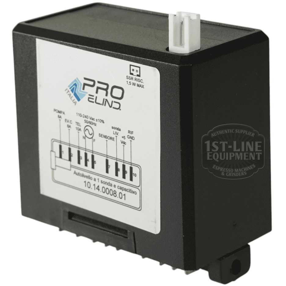 A black Torre LIV11502 Control Board for Mariuccia by Pro.El.Ind, featuring a white top connector and front diagram, regulates espresso machine water level. © 2025 1st-line.com