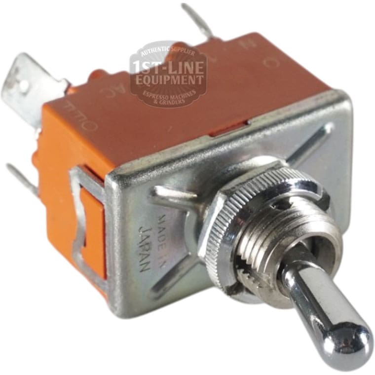 A close-up of a Panasonic T215K-AF Toggle Switch 250V 15A with an orange plastic housing, three terminals labeled ON/OFF, in the OFF position and marked MADE IN JAPAN. © 2025 1st-line.com