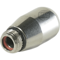 A close-up of the Torre SPRU0001 3-hole Steam Tip with Gasket, a metallic conical nozzle featuring a threaded end and red O-ring, designed for use with espresso machines. © 2025 1st-line.com