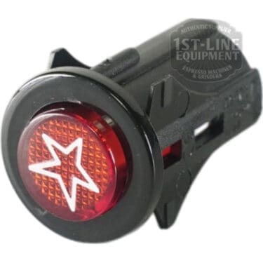 A close-up of the V.4220 Red Push Button Switch, a black round switch with a translucent red cap featuring a white star symbol, commonly used in espresso machines and similar appliances. © 2025 1st-line.com
