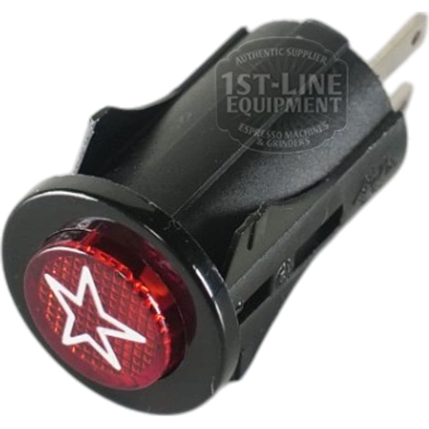 A close-up of the V.4220 Red Push Button Switch: a round black switch with a red lens featuring a white star symbol and two metal prongs, labeled by 1st-Line Equipment. © 2025 1st-line.com
