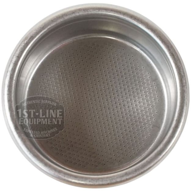 A close-up top view of the Torre FILT0009 Peppina Premium Pack 2-Cup Filter Basket, crafted from stainless steel with fine holes in the bottom to let water flow through coffee grounds. © 2025 1st-line.com