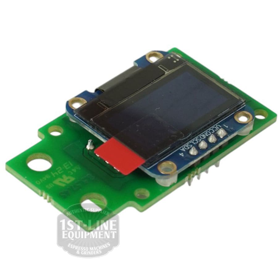 A compact rectangular green circuit board with a black OLED screen and red tab, labeled Torre DISP0004 Display for Alfredo and Luigino TSP Gicar 8.8.75.13G, features a faint 1st Line Equipment watermark on the lower left. © 2025 1st-line.com