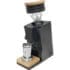 A modern black espresso coffee grinder with a wooden base and lid, featuring a stainless steel cup placed on a wooden tray beneath the grinder spout. © 2025 1st-line.com