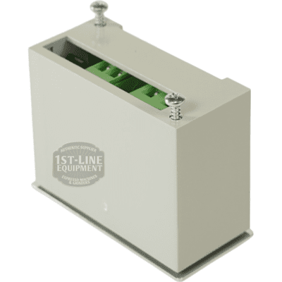 A rectangular gray enclosure for the Torre TERM11002 Thermostat PID 110V for Mariuccia features two top screws, visible green connectors inside, and a faint 1st-Line Equipment logo on the front, all set against a white background. © 2025 1st-line.com